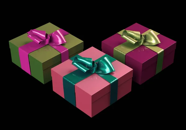 Colorful and striped boxes with gifts tied bows on black background. Happy new year 3d illustration