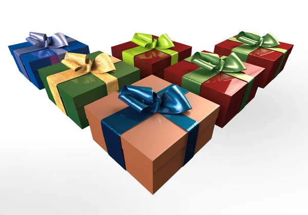 Bunte und gestreifte Schachteln mit Geschenken gebundenen Schleifen auf weißem Hintergrund. 3D-Illustration — Stockfoto