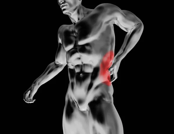 Männlicher Oberkörper, Rückenschmerzen isoliert auf schwarzem Hintergrund. 3D gerenderte medizinische Illustration — Stockfoto