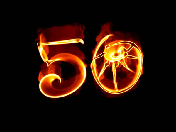 50 år isolerade nummer bokstäver skrivna med eld flamma eller rök på svart bakgrund — Stockfoto
