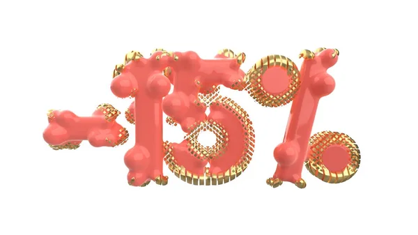 Het teken-15off. Gemaakt van trendy roze materiaal met kostbare gouden delen isolaat op witte achtergrond. 3D illustratie — Stockfoto