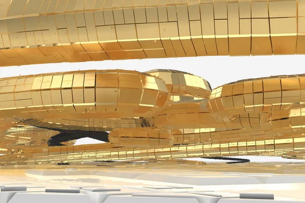 Modern gelecekteki mimari garip şekilli binalarda yukarı yönetmen spiraller şeklinde içerir. cephe kaplama siyah parlak malzeme yanı sıra altın yapılır. 3D çizim — Stok fotoğraf