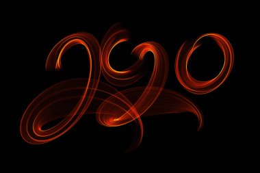 Mutlu yıllar 2020 siyah arka plan üzerinde yangın alev veya duman ile yazılmış izole numaraları