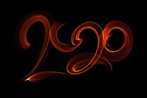 Šťastný nový rok 2020 izolovaných čísel napsaných ohněm nebo kouřem na černém pozadí — Stock fotografie