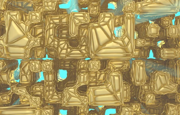 3D renderizado, textura moderna dorada de la pared del cubo cableado, ilustración digital de grupos aleatorios, fondo geométrico abstracto. La riqueza y la prosperidad alcanzan la arquitectura conceptual —  Fotos de Stock