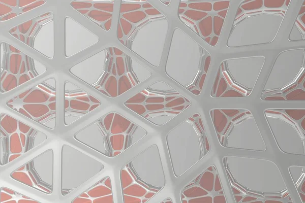 Concept abstrait de rendu 3D de haute architecture poly avec acier et verre, structure muléculaire cellulaire à grille de maille chaotique. Fond de science-fiction avec forme polygonale dans la brume ou l'air de brouillard. Futuriste — Photo