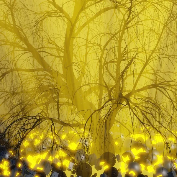 Árbol solitario sin hojas en niebla o niebla iluminado por rayos de sol naranja brillante en el espacio rodeado de esferas negras, cajas y cubos brillantes de luz brillante. Ilustración conceptual en 3D. Viajes y camping —  Fotos de Stock