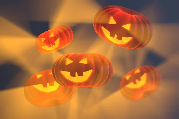 Het kwaadaardige en enge gesneden gezicht van pompoenen vliegen in de lucht en gloeien op Halloween 3d illustratie — Stockfoto