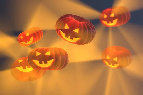 The evil and scary carved faces of pumpkins flying in the air and glowing on Halloween 3d illustration