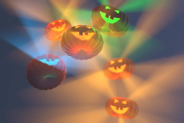 De kwaadaardige en enge gesneden gezichten van pompoenen vliegen in de lucht en gloeien op Halloween 3d illustratie — Stockfoto