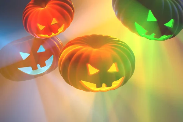 De kwaadaardige en enge gesneden gezichten van pompoenen vliegen in de lucht en gloeien op Halloween 3d illustratie — Stockfoto