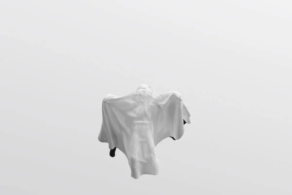 Flying White Ghost jongen figuur bedekt met een deken blad op witte achtergrond. Halloween 3d illustratie — Stockfoto