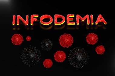 Infodemia lettering concept about pandemia and false information with coronavirus covid-19. 3d illustration isolated on black background with cells clipart