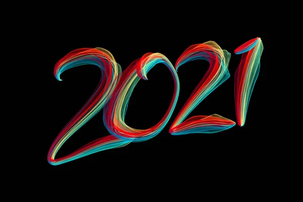 Feliz ano novo 2021 números letras escritas por partículas de chama coloridas isoladas no fundo preto — Fotografia de Stock