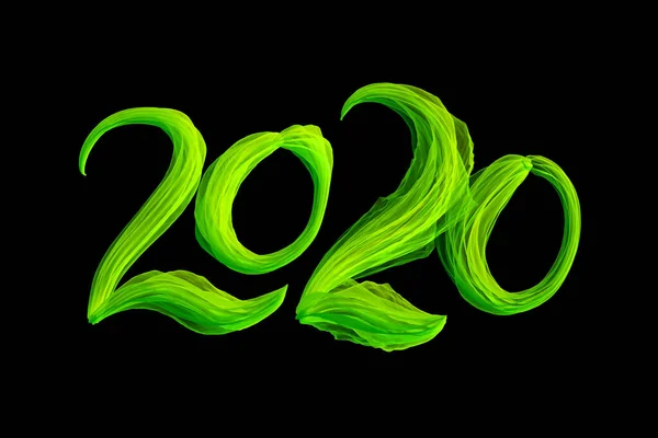 Happy new year 2020 numbers lettering written by green flame particles isolated on black background — Stock Photo, Image