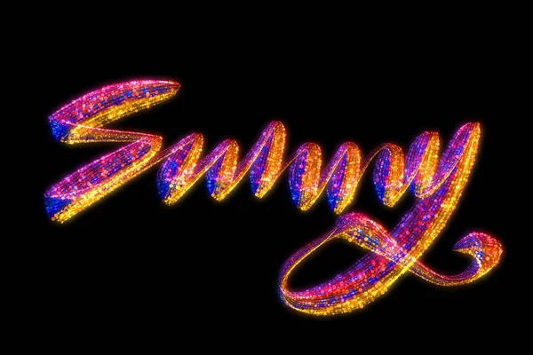 La palabra Sunny escrita en partículas brillantes del arco iris. Dibujo a mano aislado sobre fondo negro —  Fotos de Stock