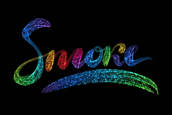 La palabra inscripción es humo hecho por partículas redondas luminosas coloridas del arco iris aisladas sobre un fondo negro —  Fotos de Stock