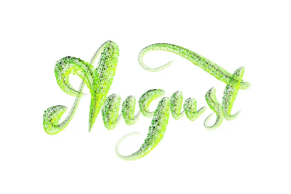 Agosto lettering palavra escrita com partículas luminosas verdes isoladas sobre fundo branco — Fotografia de Stock