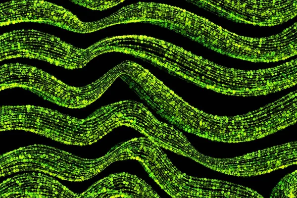 Abstract Background full of glowing green wavy lines composed of particles flying on a black space. Overlay layer for your design — Stock Photo, Image