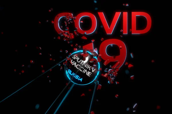 Covid-19 yazısını kıran uçan bir uydunun görüntüsünü kavra. Rusya Federasyonu bilim adamları tarafından üretilen Sputnik V adlı yeni aşı. 2019-nCov salgını 3D illüstrasyon
