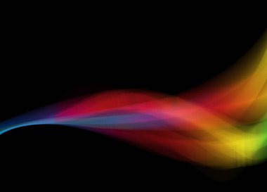 Paricles 'in gökkuşağı renkli çizgisi, siyah soyut gelecekçi dijital arkaplanda fotokopi uzayı ile bir ses dalgasını temsil ediyor. Tasarımınız için pankart