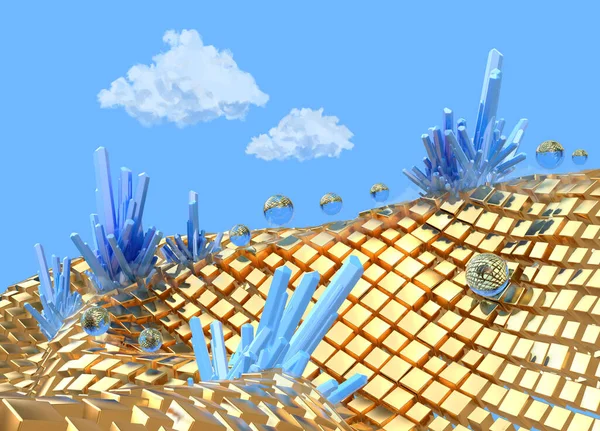 Uzayda, bulutlu ve gökyüzünde mavi değerli kristalleri olan Altın Küpler. 3D resimli soyut manzara — Stok fotoğraf