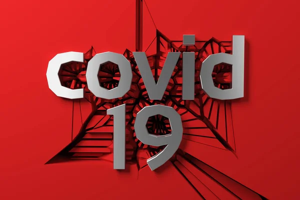 Covid 19 metal steel lettering of three dimensional letters and numbers against a cracking red wall. 3d illustration — Stock Photo, Image