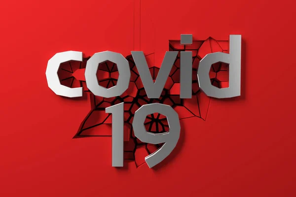 Covid 19 metal steel lettering of three dimensional letters and numbers against a cracking red wall. 3d illustration — Stock Photo, Image