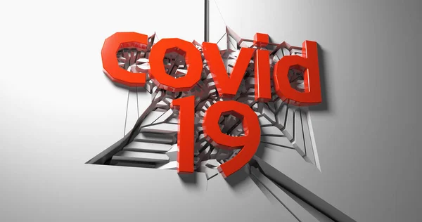 Covid 19 red lettering of three dimensional letters and numbers against a cracking white wall. 3d illustration — Stock Photo, Image