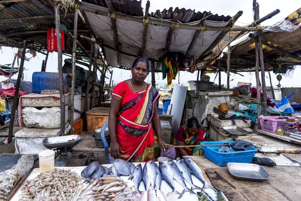 Chennai Indien August 2018 Eine Stehende Tamilische Frau Verkauft Meeresfrüchte lizenzfreie Stockbilder