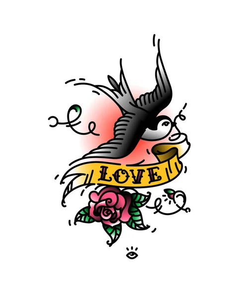 Tetování Vlaštovky Nápisem Love Růže Bud Zespodu Vektorové Ilustrace Tattoo — Stockový vektor