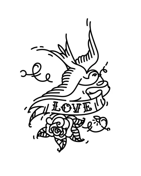 纹身燕子与题字爱和玫瑰芽从下面 矢量插图 美国老学校的纹身 鸟迅速与丝带和花朵 纹身的轮廓版本 — 图库矢量图片