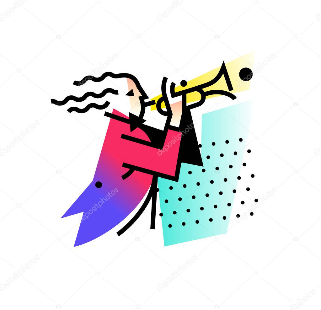 Illustration of a musician trumpeter. Logo playing on the pipe. Vector icon. Logo for jazz cafe, ensemble and orchestra of wind instruments. Character for musicians and companies. Mascot.