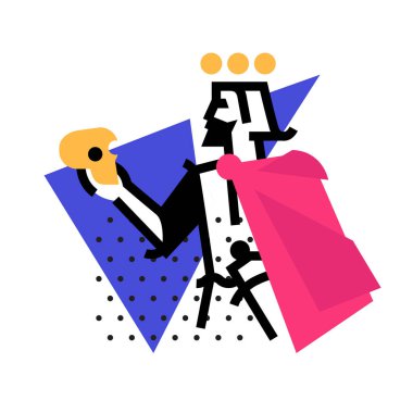 Tiyatro stüdyosu için logo. Bir kafatası ile bir Hamlet Illustration. Shakespeare eserleri kahramanı. Vektör düz logosunun. Sahne Alanı'ndaki Kral'ın karakter. Kurumsal kimlik. Soyut modern logosu.