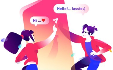 Bir erkek ve bir kız sohbet sohbet Illustration. Vektör düz simgesi. Messenger kullanıcıları Illustration. Büyük bir resim çerçevesinden. Karakter. Gösterim amacıyla afiş ve Web sitesi.