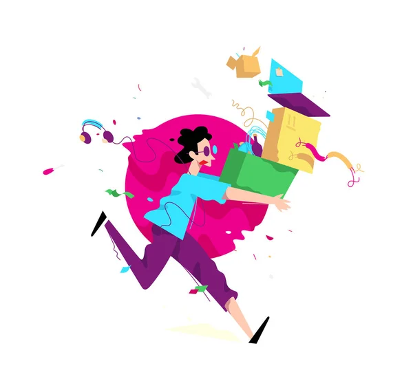 Illustration Young Man Boxes Things Vector Illustration Courier Delivers Goods — Stock Vector