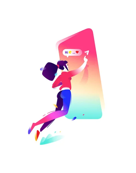 Illustration Eines Mädchens Und Eines Smartphones Vektor Flaches Symbol Das — Stockvektor