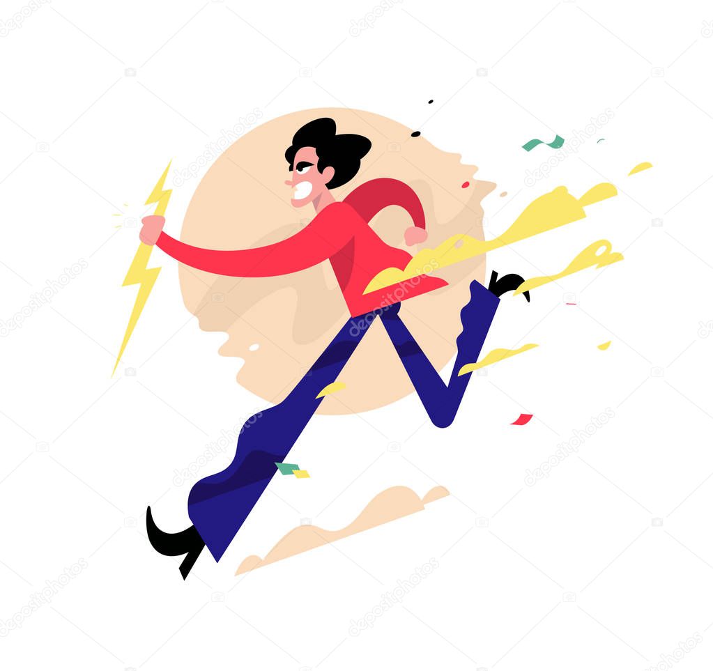 Illustration of a running evil guy. Vector illustration. A cute young man is running with heavenly lightning. The character of a male villain. Image is isolated on white background. Comic style.