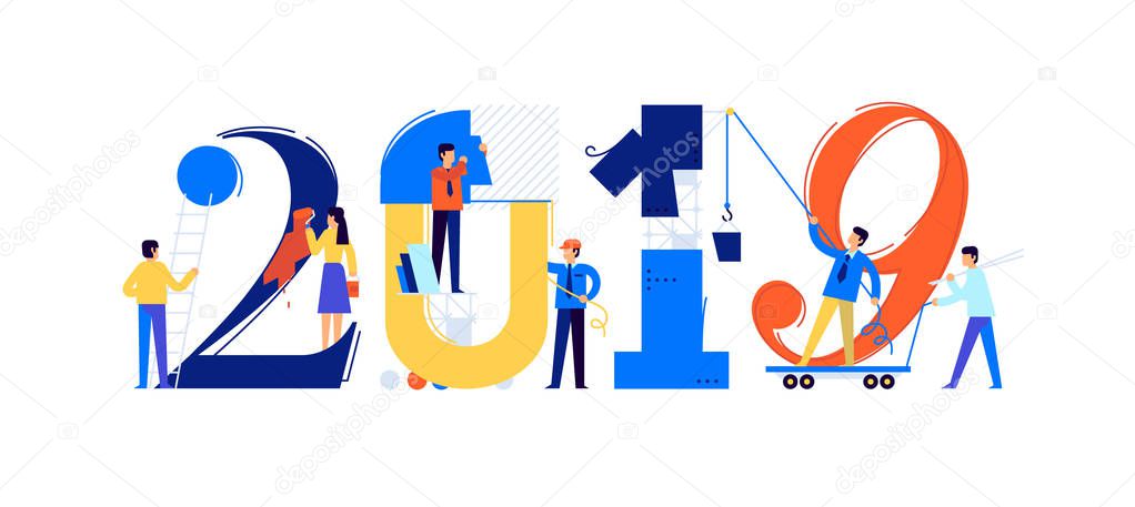 Office staff are preparing to meet the new year 2019. Vector illustration. Cartoon characters repair the numbers. Image is isolated on white background. Flat illustration for banner and site.