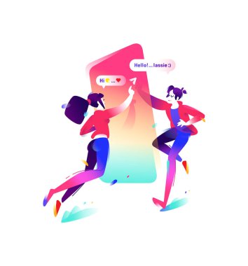 Bir erkek ve bir kız ile bir smartphone Illustration. Messenger kullanıcıları. İki karakter ile sohbet hakkında bilgi almak. Gösterim amacıyla afiş ve Web sitesi. Modern iletişim aracı.