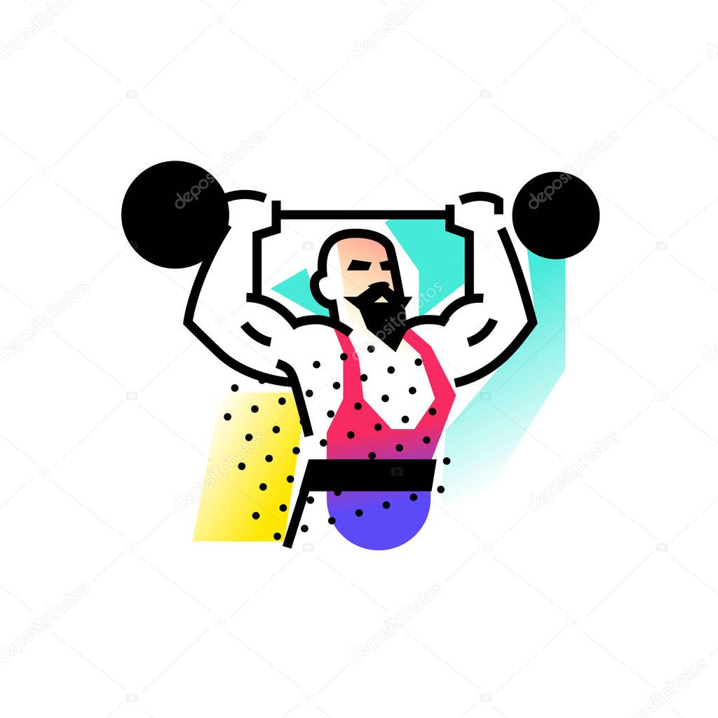 Illustration of the strongman, weightlifter, circus. Icon logo for circus or sports studio. An illustration for a site, a poster, a postcard. Image is isolated on white background. Vector illustration.