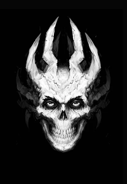 角と白い歯を見せる頭蓋骨のイラスト 画像は 黒の背景に分離されます カバー アルバム 本サイトに 悪魔のイメージ ポスターのような錯覚 デジタル絵画スケッチ — ストック写真