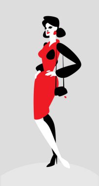 Şık bir bayan karakter gösterimi. Vektör çizim. Bir çanta ile takım elbiseli bir kız görüntüsü. Görüntü gri bir arka plan üzerinde izole. Gösterim amacıyla mağaza. Maskot şirket. Stil ikonu.