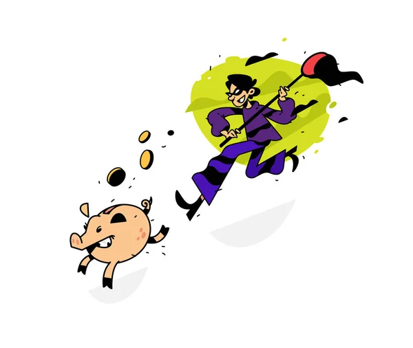 Illustration Thief Running Piggy Bank Net Vector Illustration Image Isolated — Stock Vector