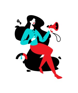 Bir kızla bir megafon mektup Z. vektör düz çizim arka plan üzerinde Illustration. Halkla ilişkiler uzmanı, reklamveren. Reklam uzmanı ve Seo, smm. Yazdır ve site için karakter. Şirket çalışanın simgesi.