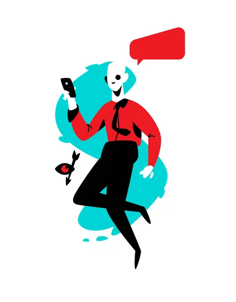赤シャツの電話で男性のイラスト ベクトル フラット イラスト 漫画のバブルと若い男 サイトの文字し 印刷します 社会的なネットワーク 対象者 — ストックベクタ