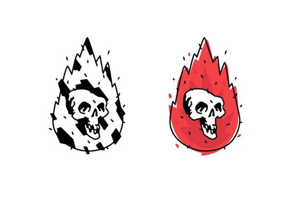 Ilustración de un cráneo blanco ardiente. Icono del vector. La imagen está aislada sobre fondo blanco. Calavera ardiente, estilo cómico. Un tatuaje, un logo para un club de motociclistas. Mascota. Emblema, símbolo . — Vector de stock