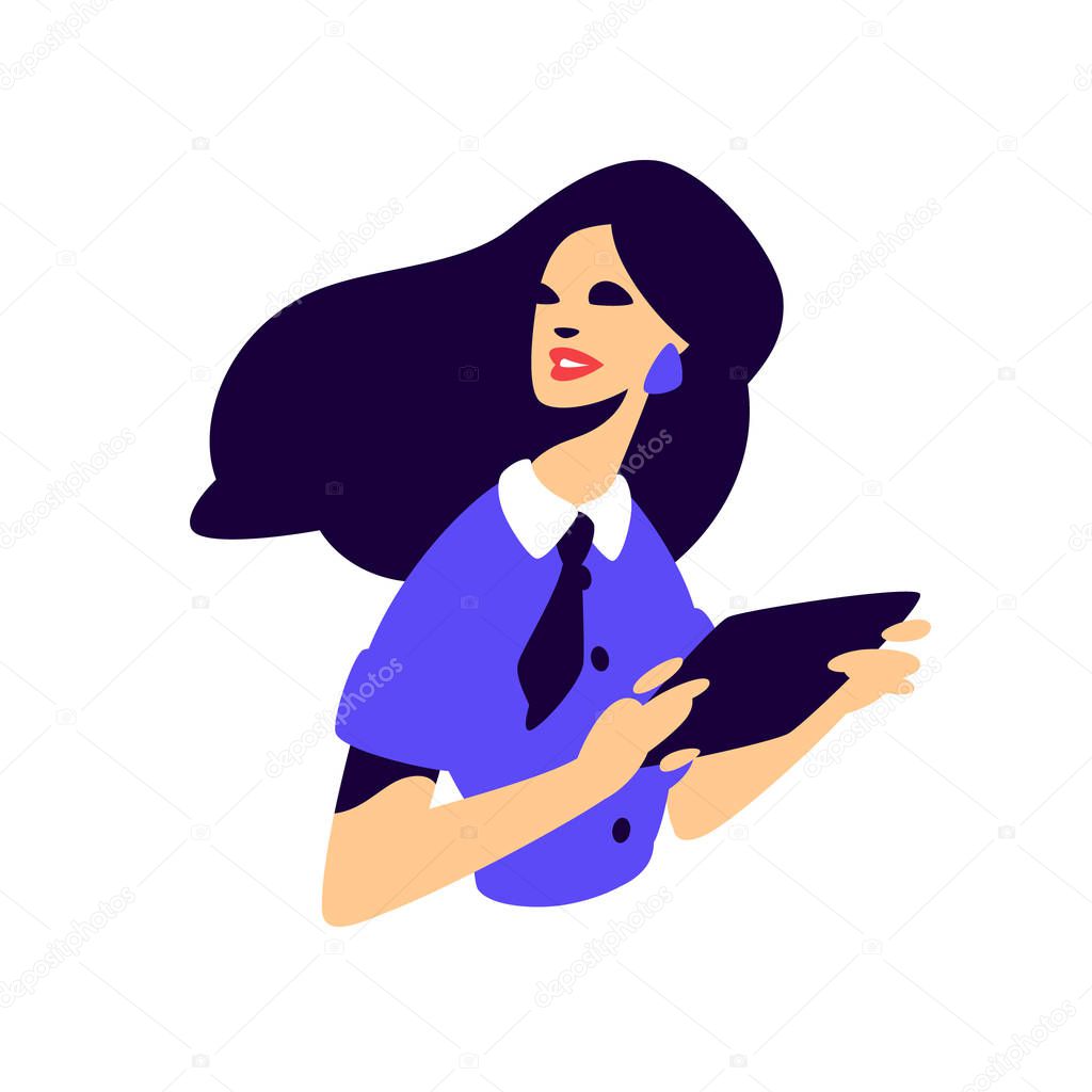 Illustration of a fashionable girl with a tablet. Vector flat illustration. PR specialist, advertiser. Project Manager. Character for the site and print. Icon for the fashion store, discounts, sale.