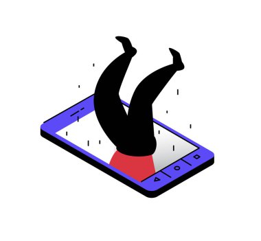 Bir adam çizimi bir akıllı telefon düşmüş. Vektör çizim. Bacaklar yukarı. Görüntü beyaz arka plan üzerinde izole. Telefon ve Internet bağımlılığı. Çevrimiçi olun. Metafor. Telefondaki adam.