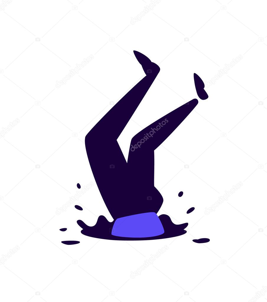 Illustration of a man falling into a pit. Vector illustration. Legs up. Image is isolated on white background. Logo protruding legs from the hatch, puddles. Metaphor. Failure. Defeat.